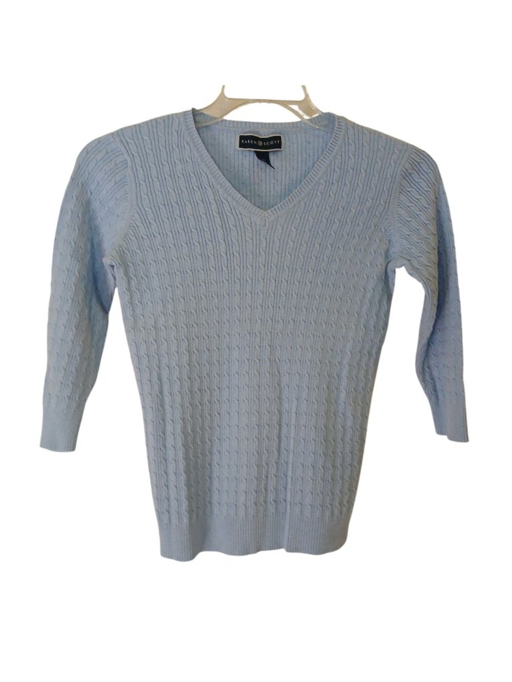 Karen Scott Womens Small Light Blue Cable Knit Sweater V-Neck 100% Cotton #D-30